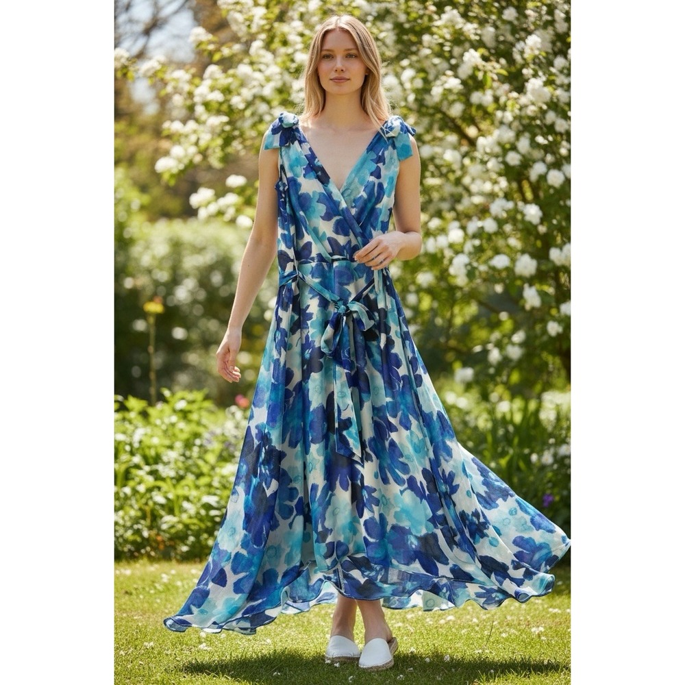 DKNY Blue White Floral Faux Wrap Dress Womens 8 Sleeveless Hi-Lo Hem Midi Lined